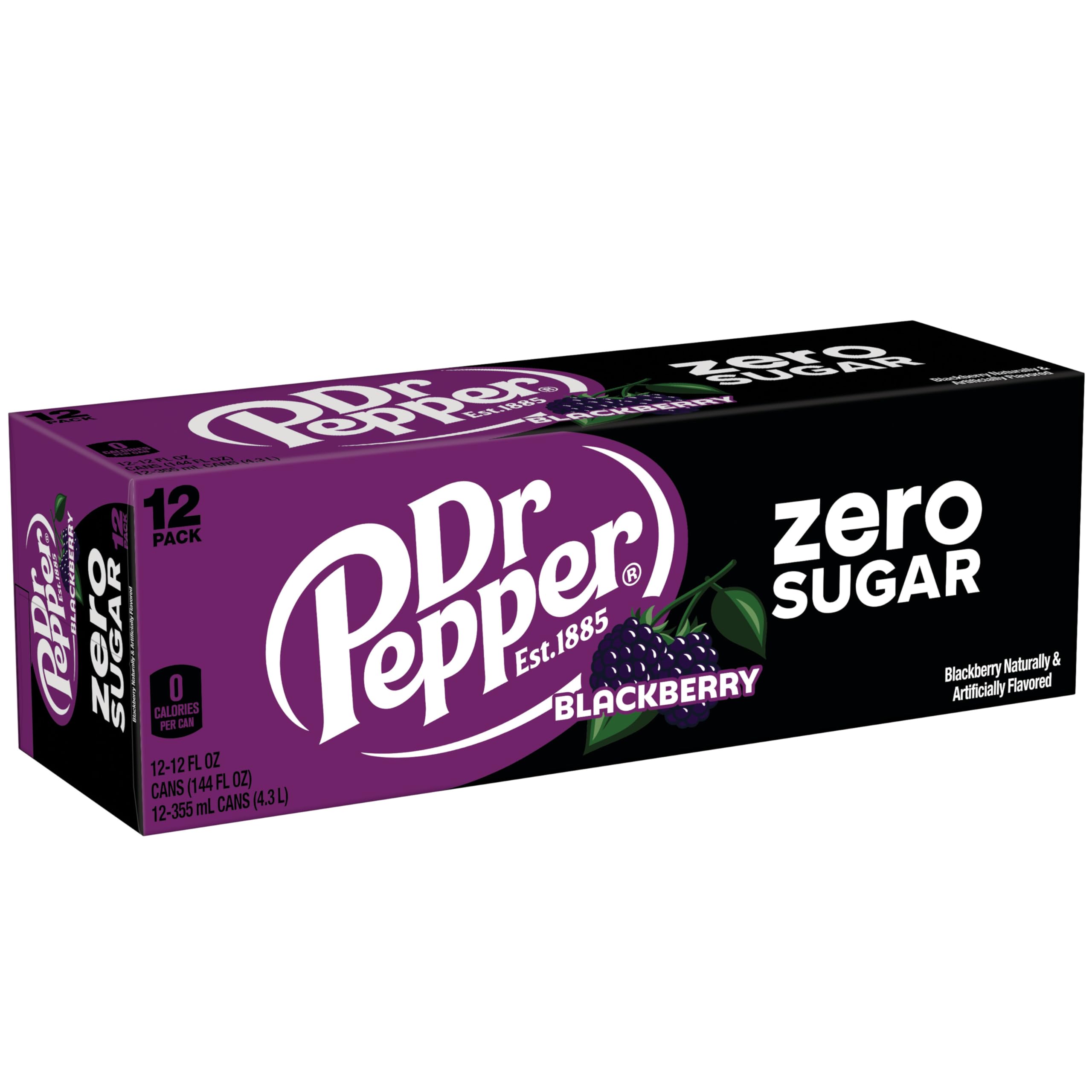 Dr Pepper Blackberry Zero Sugar 12oz can at desk suggests a quick, zero-calorie lift.
