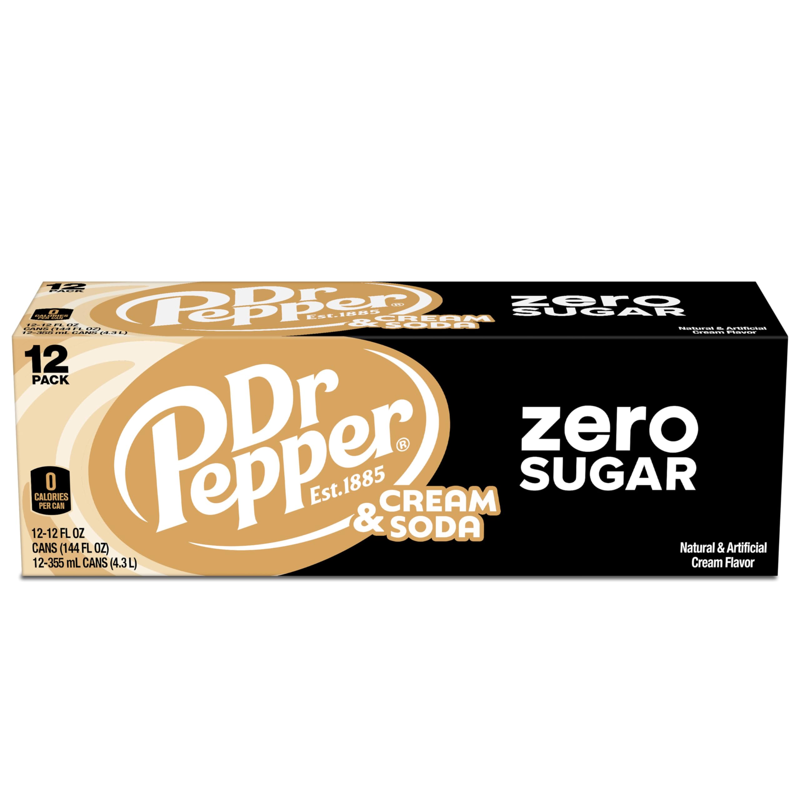 Dr Pepper Cream Soda Zero Sugar closeup logo foregrounds branding and taste.