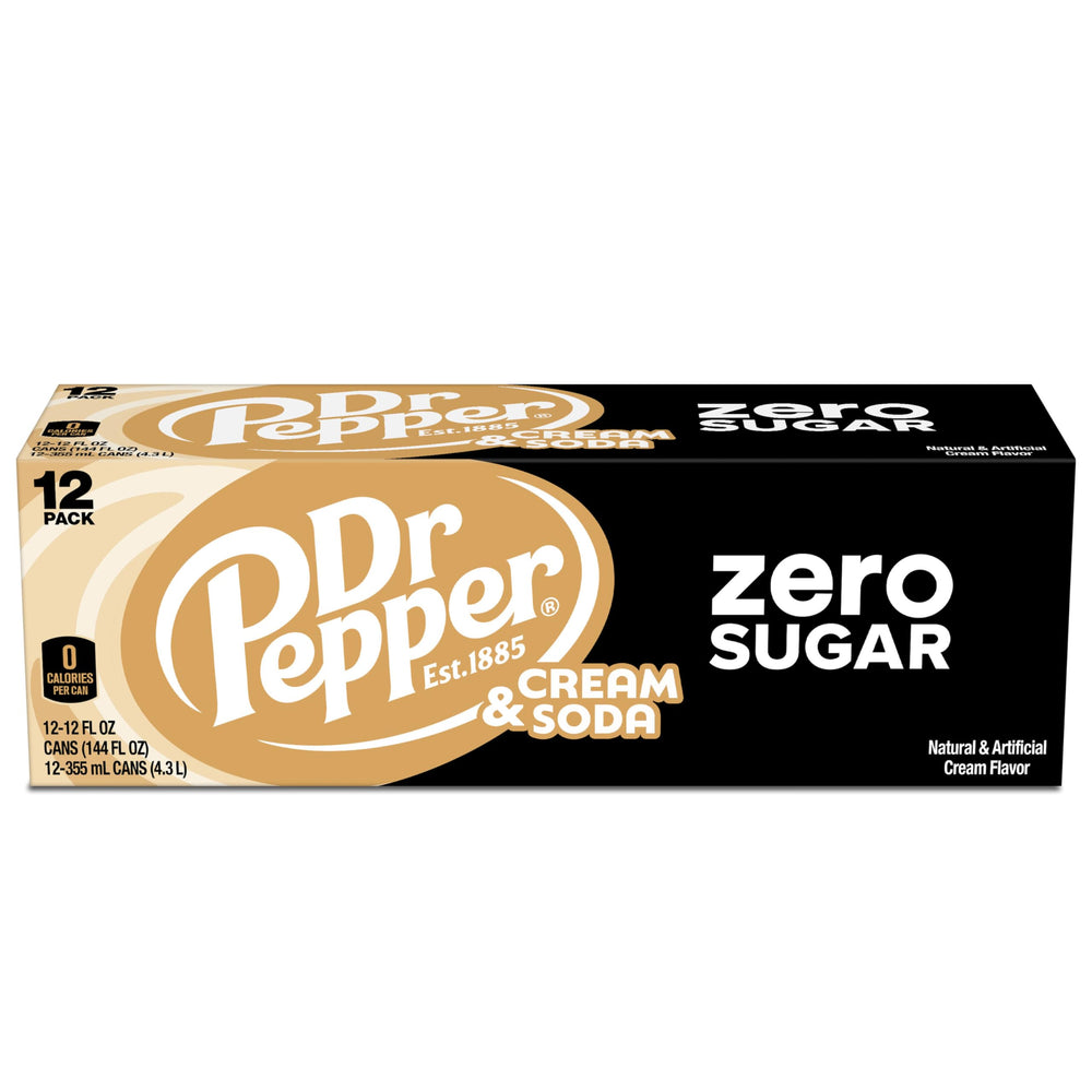 Dr Pepper Cream Soda Zero Sugar closeup logo foregrounds branding and taste.