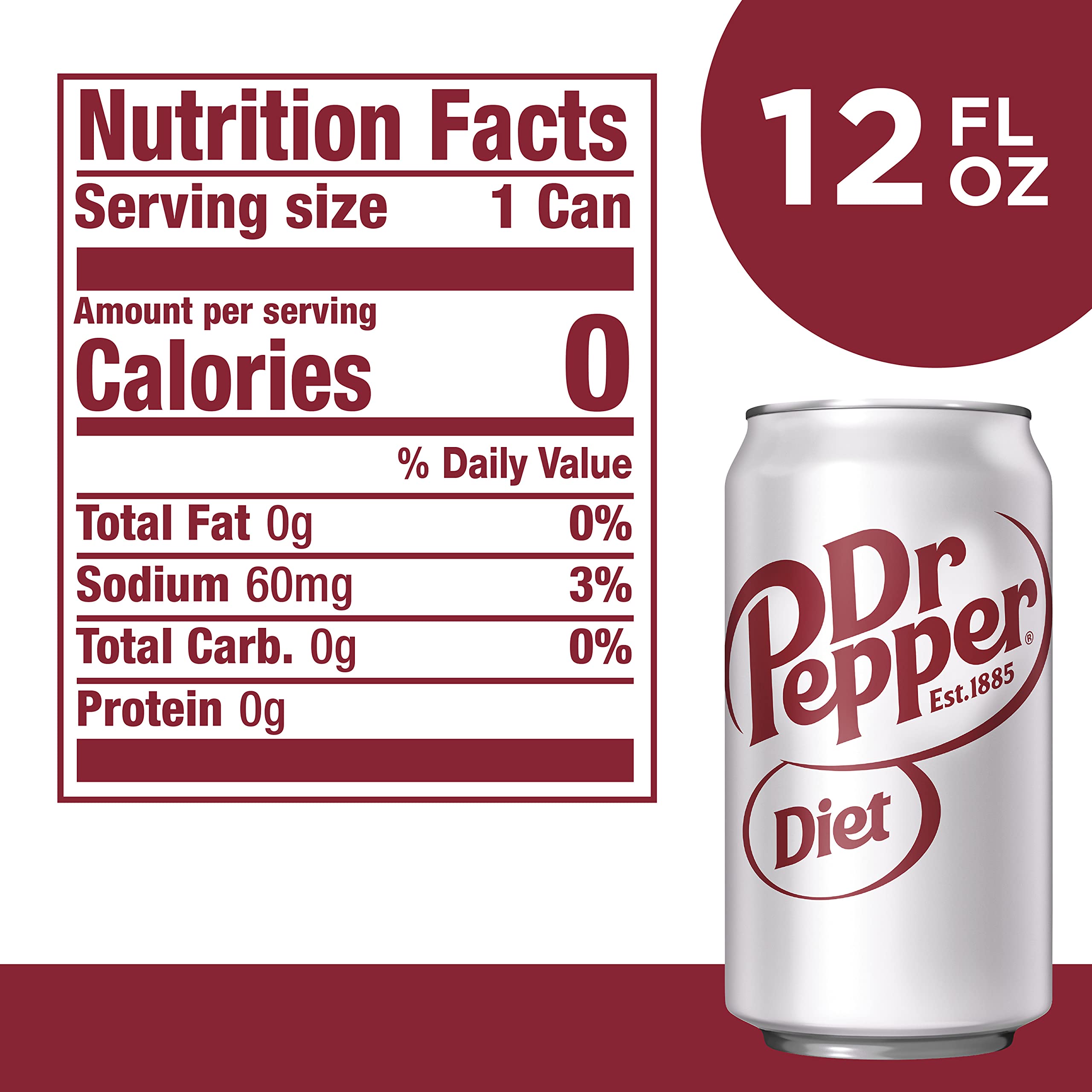 Diet Dr Pepper can front showcasing convenient 12-pack design.