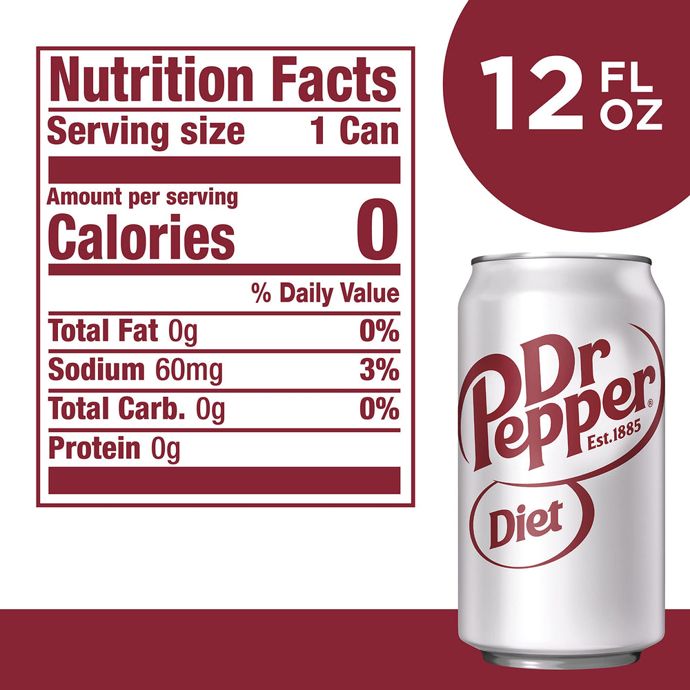 Diet Dr Pepper can front showcasing convenient 12-pack design.