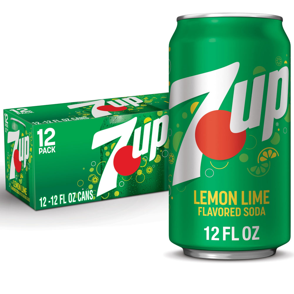 Dr Pepper seven-up lemon-lime soda cans on a bright shelf for refreshing flavor