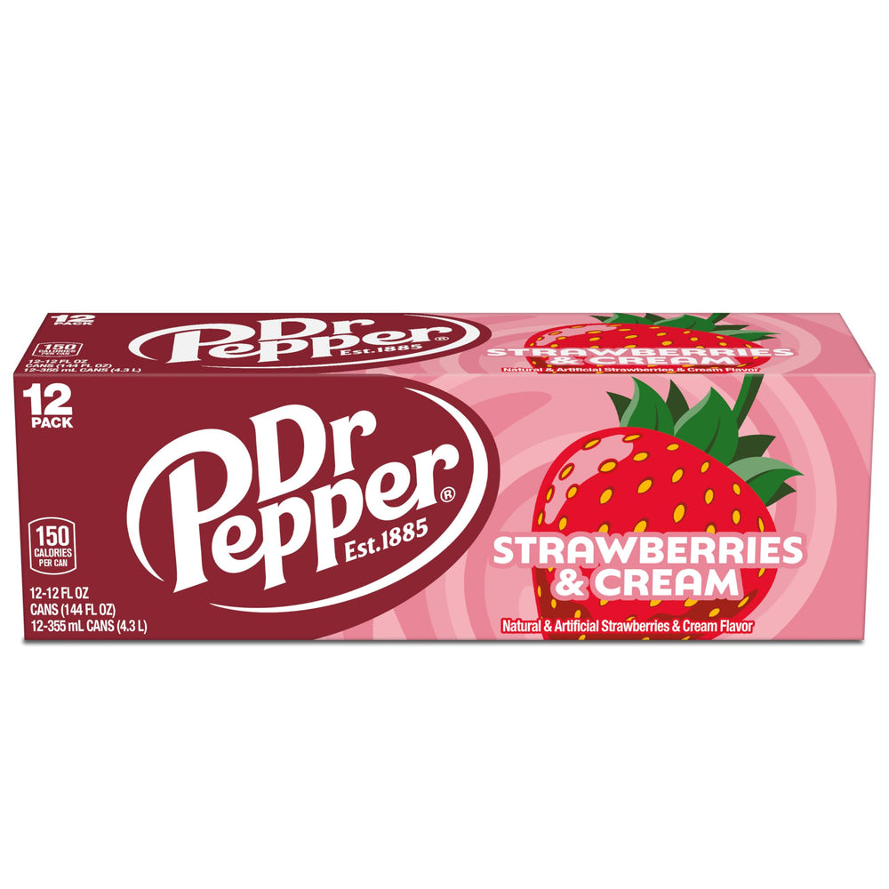 12-pack of Dr Pepper Strawberries and Cream cans displayed together.