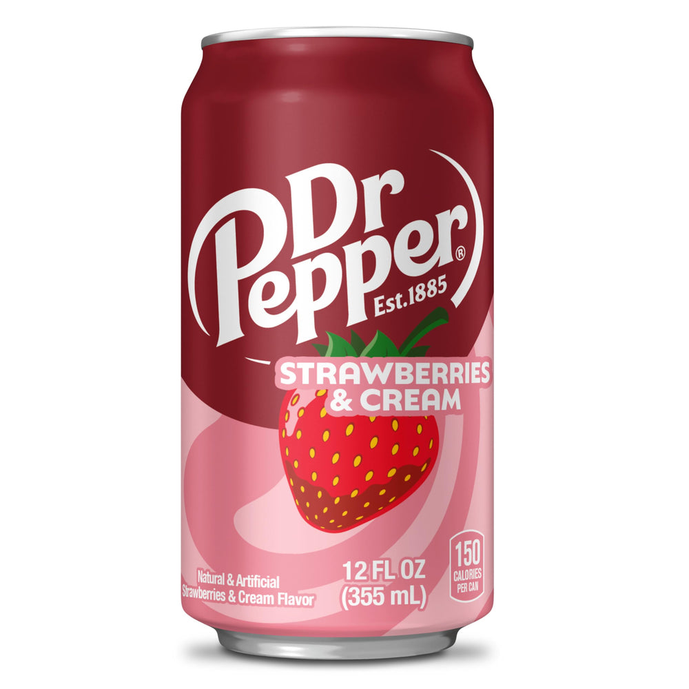 Fridge stocked with Dr Pepper Strawberries and Cream cans.