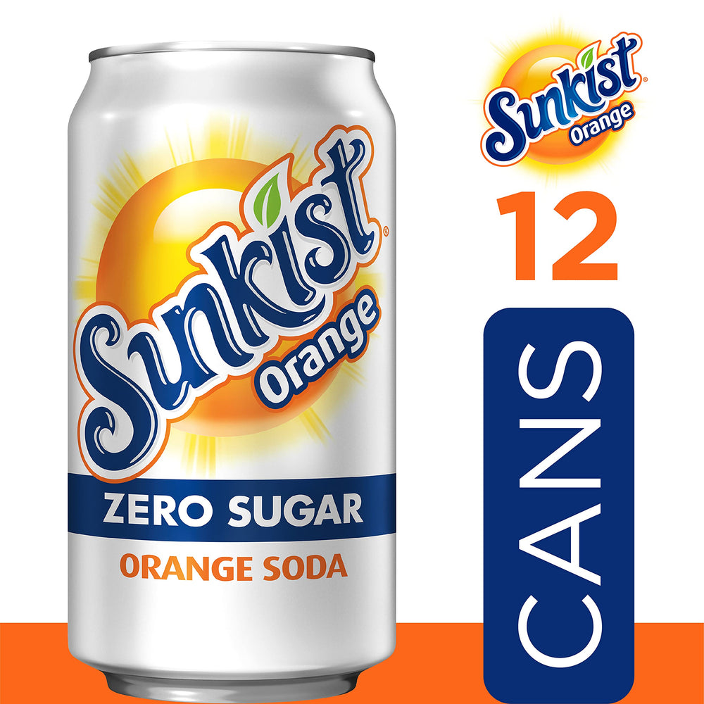 Dr Pepper Sunkist Zero Sugar orange soda can side label, familiar taste with zero calories.