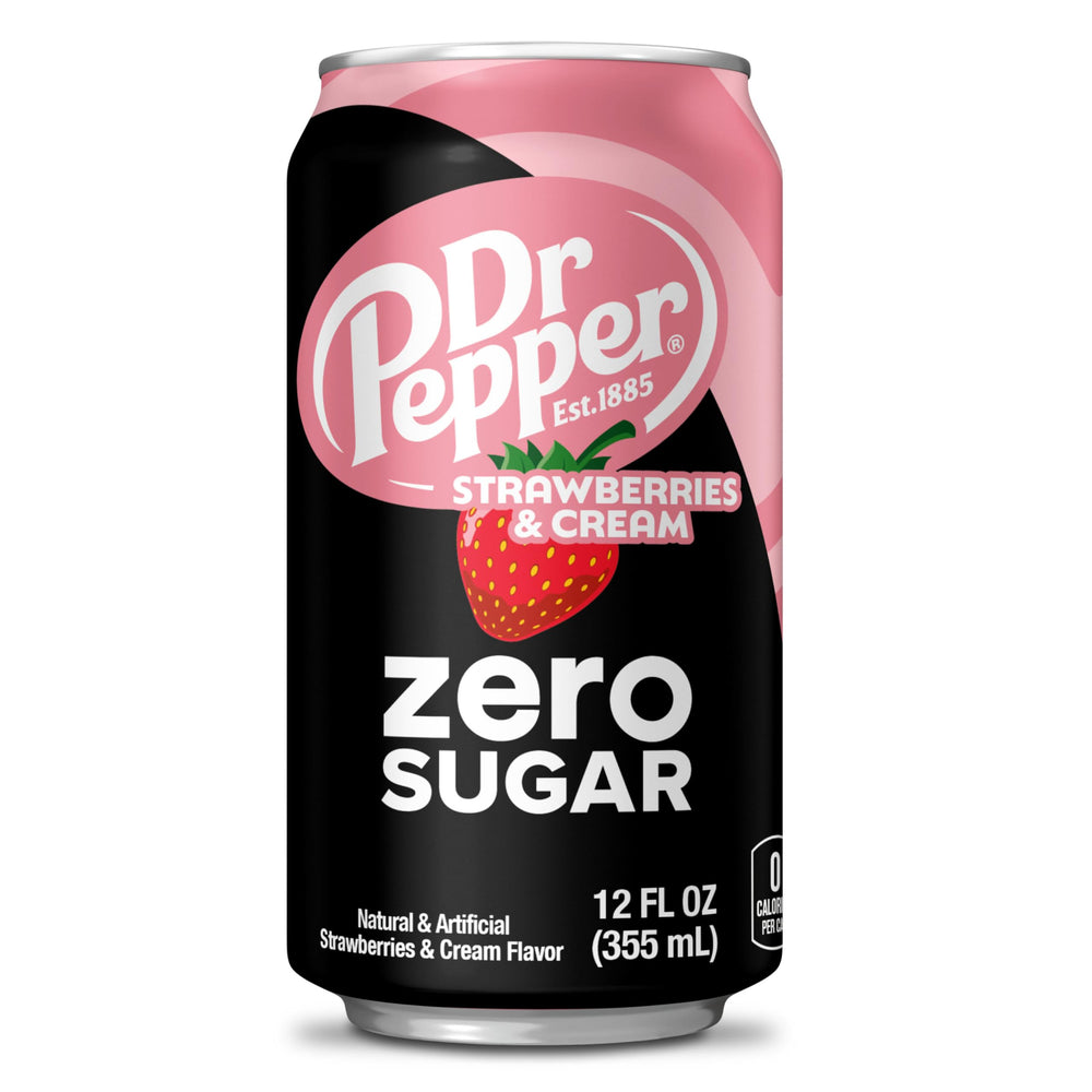 Chilled Dr Pepper Zero Strawberries and Cream cans ready for cold refreshment.