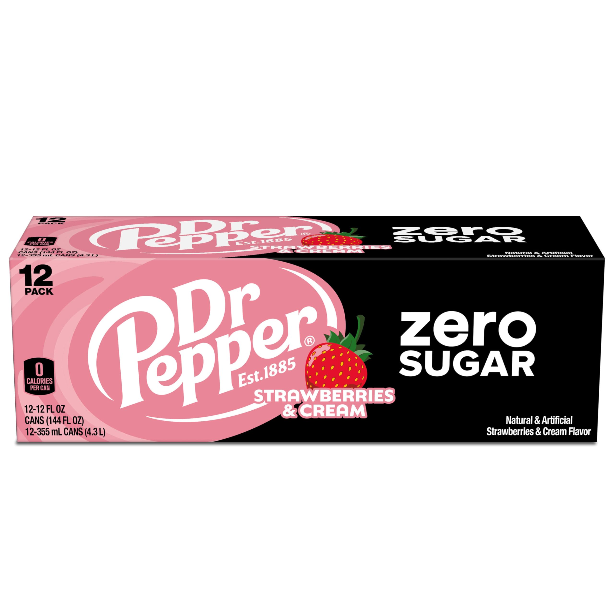 Close-up of the Dr Pepper Zero Strawberries and Cream label highlighting flavor.