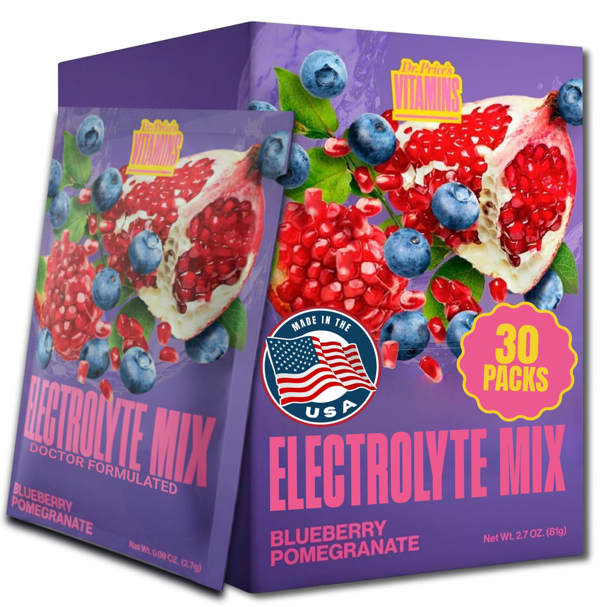 Dr. Price's Electrolytes Blueberry Pomegranate packets for convenient on-the-go hydration