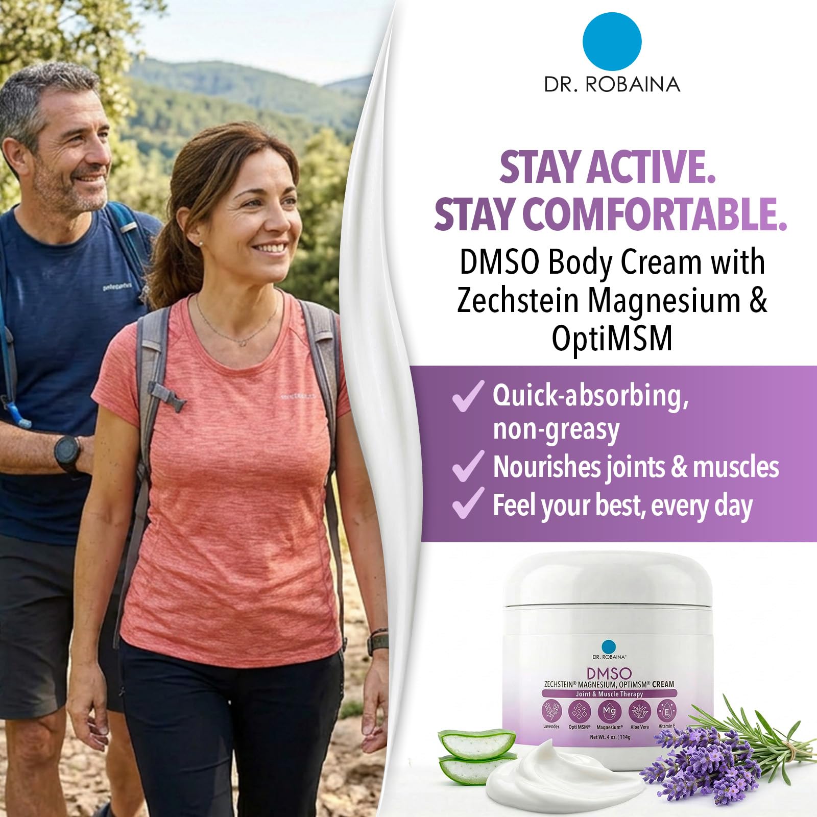 Close-up of Dr. Robaina Lavender DMSO Cream label emphasizing pharmaceutical-grade DMSO
