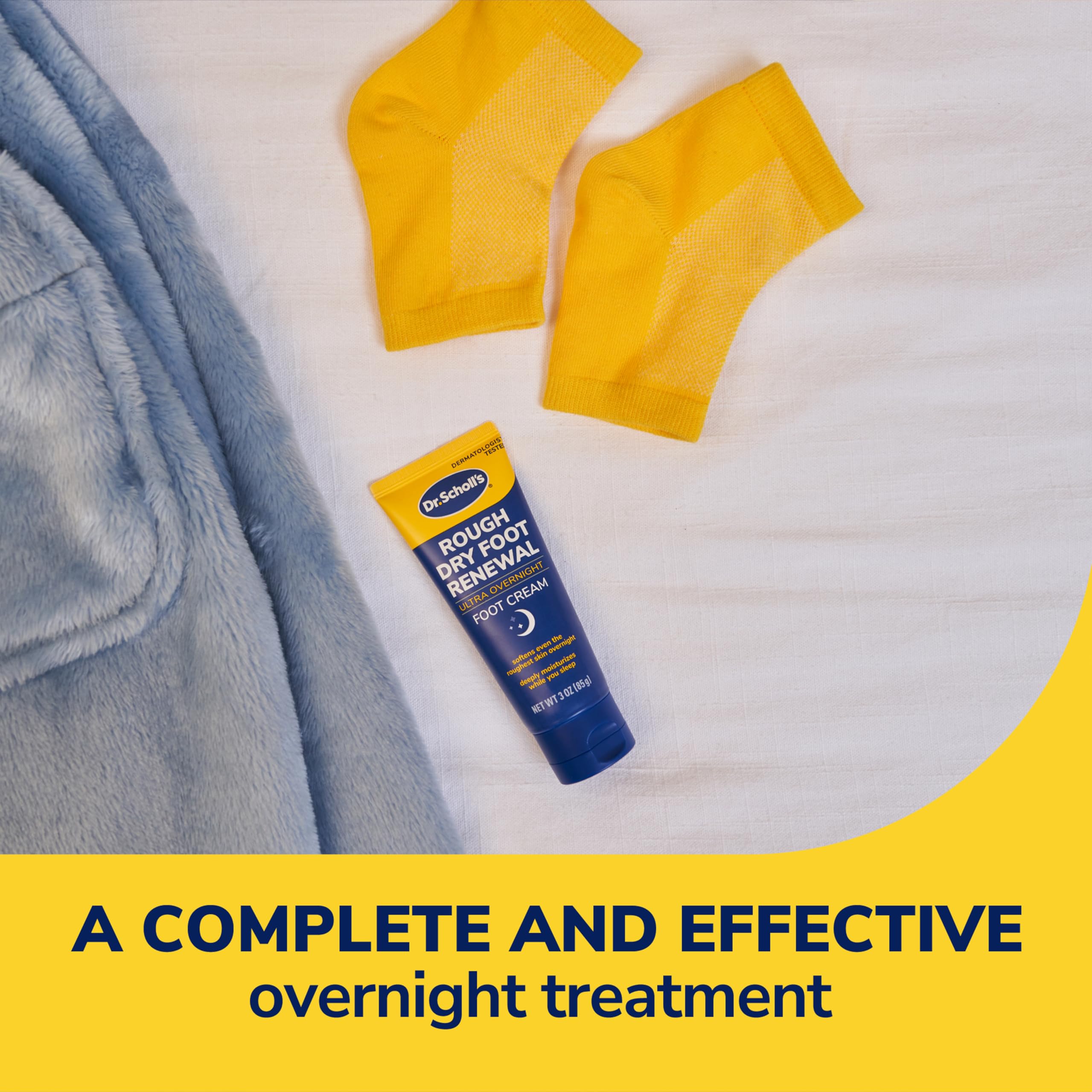 Bedside setup with Dr. Scholl's cream and socks for night use.