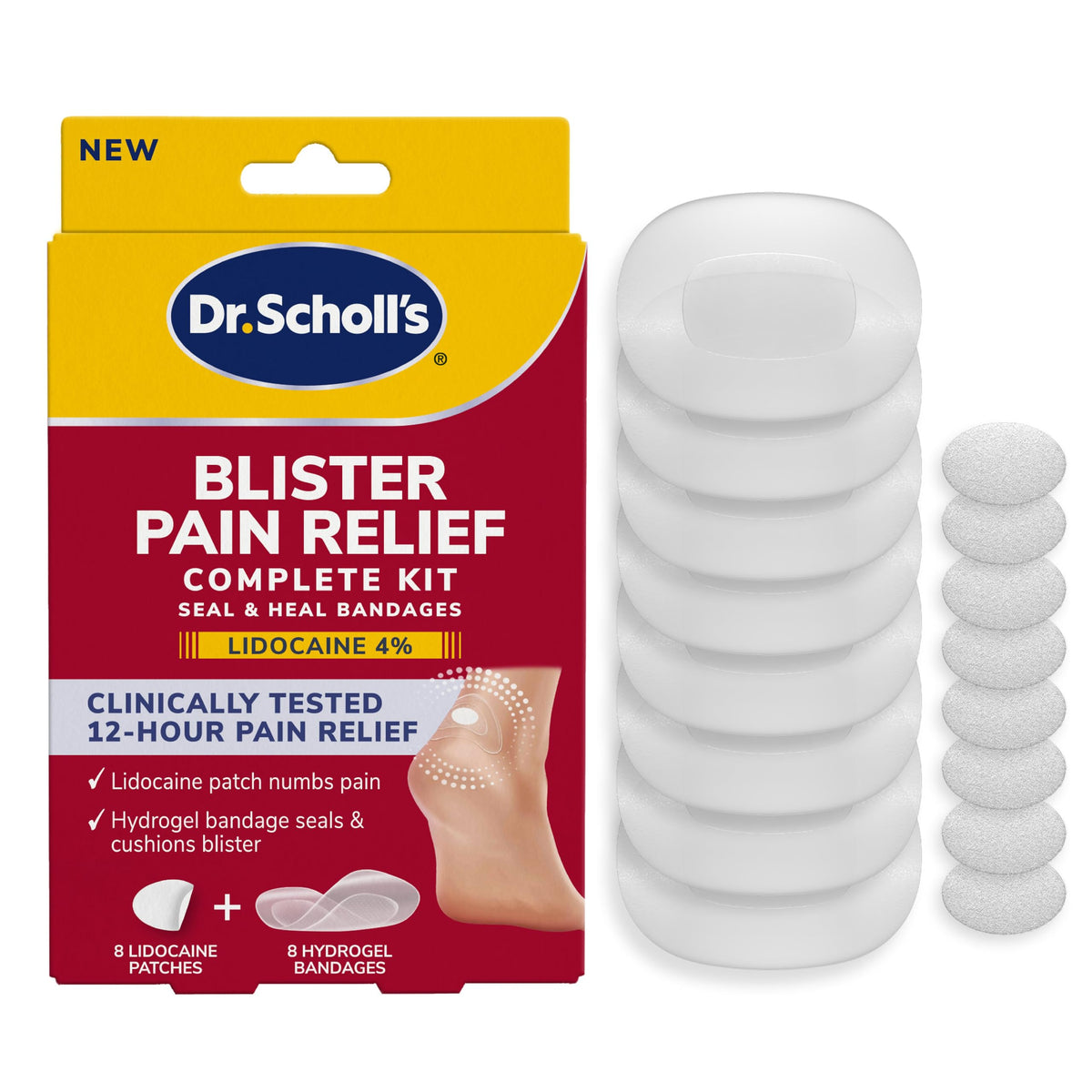 Dr. Scholl's Blister Pain Relief Complete Kit front view, travel-ready blister care.
