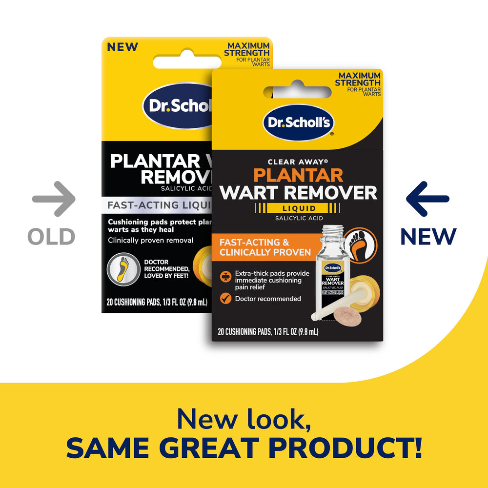 Dr. Scholl's Clear Away application tip highlights precise wart treatment.