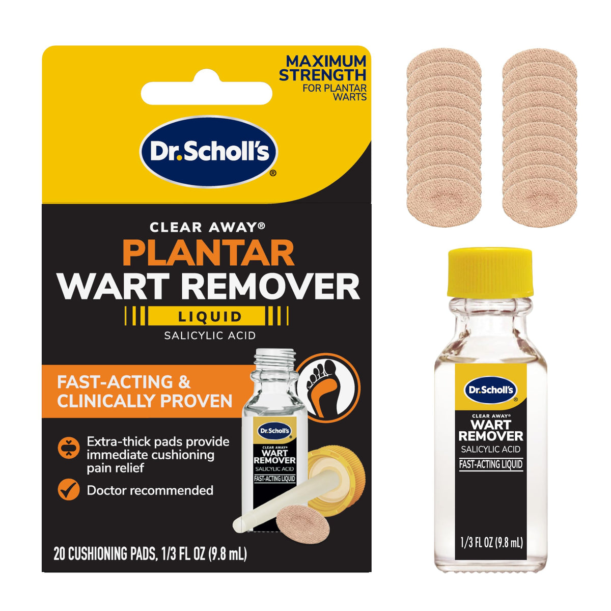 Dr. Scholl's Clear Away bottle with fast-acting plantar wart remover liquid.