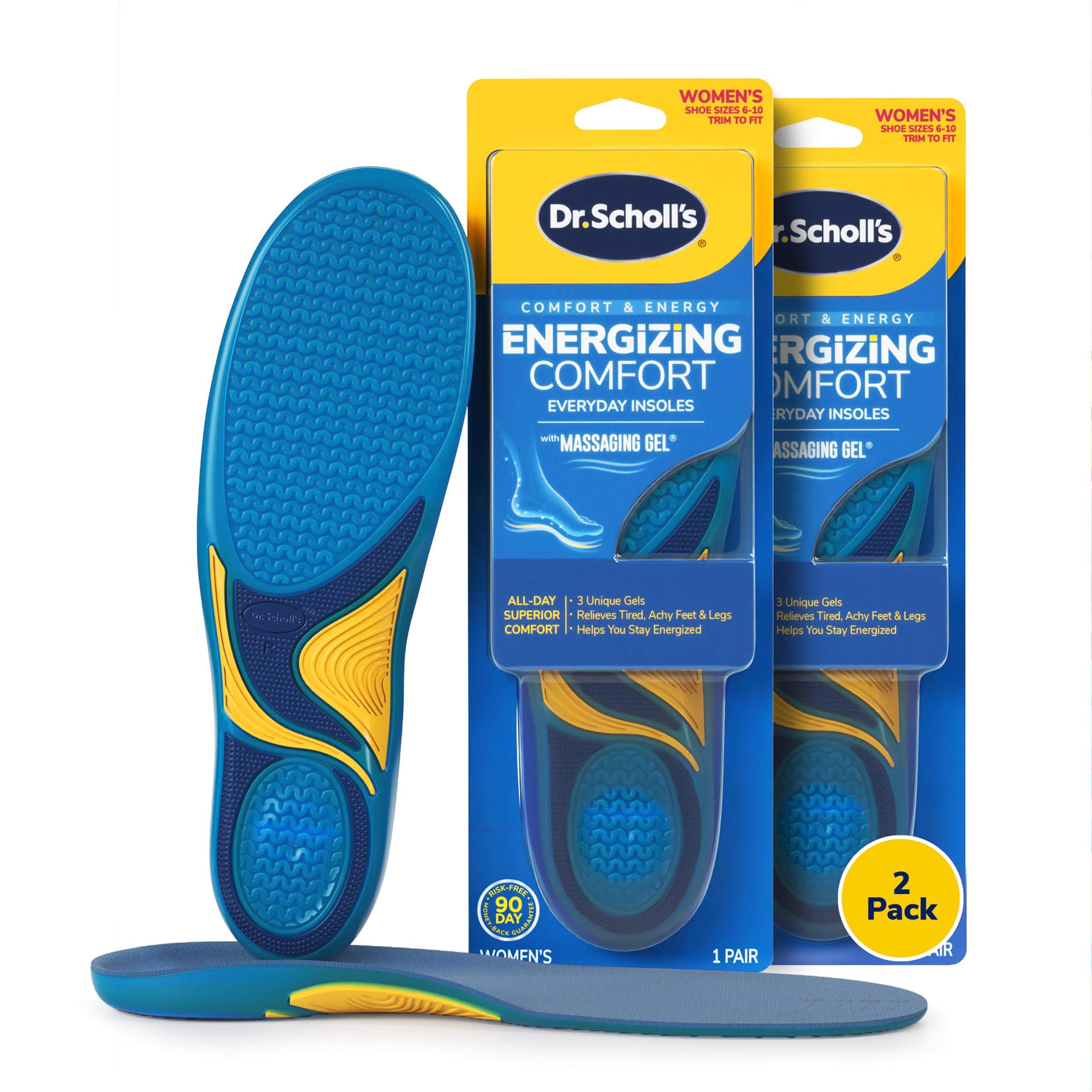 Dr. Scholl's Energizing Comfort insole with massaging gel supports forefoot for all-day comfort.