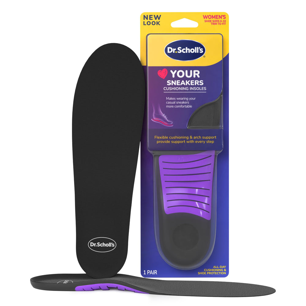 Dr. Scholl's Love Your Sneakers insoles packaging highlights all-day comfort.