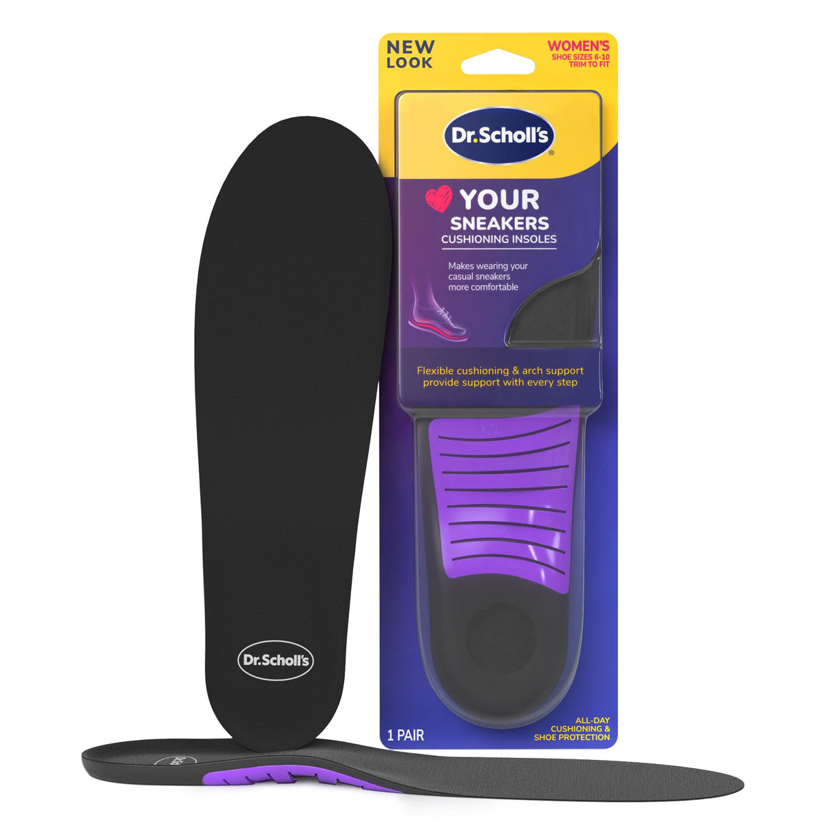 Dr. Scholl's Love Your Sneakers insoles packaging highlights all-day comfort.