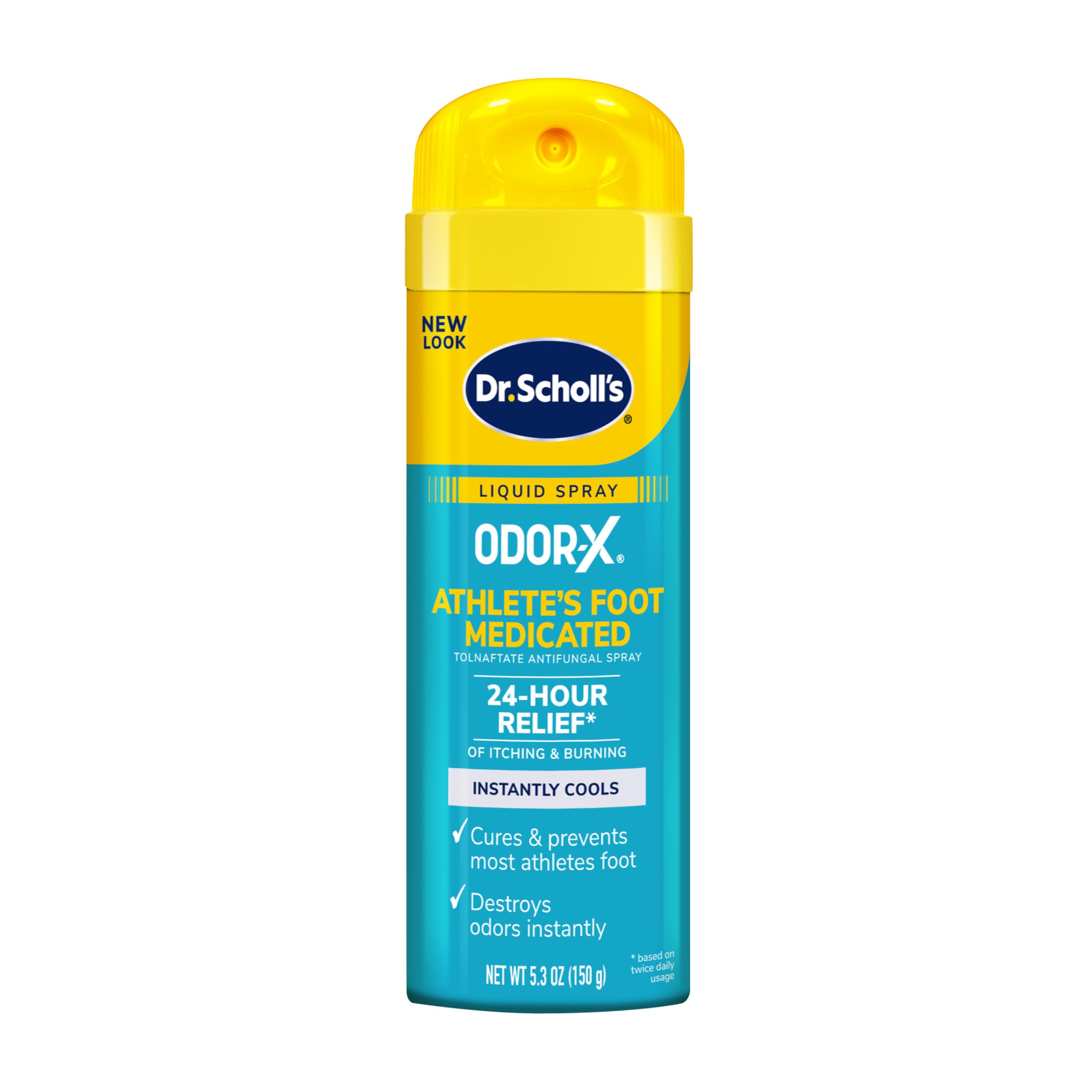 Dr. Scholl's Odor-X spray bottle angled for easy application and 24-hour relief.