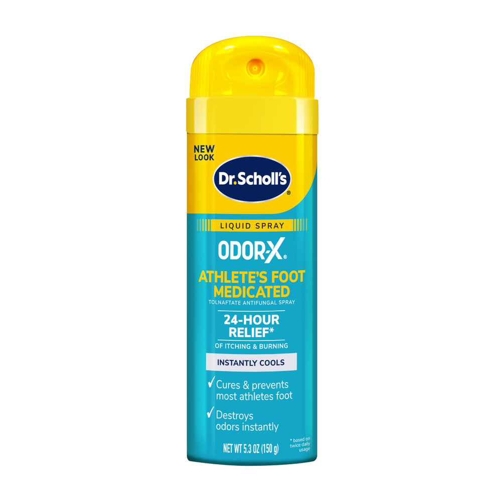 Dr. Scholl's Odor-X spray bottle angled for easy application and 24-hour relief.