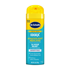 Dr. Scholl's Odor-X spray bottle angled for easy application and 24-hour relief.