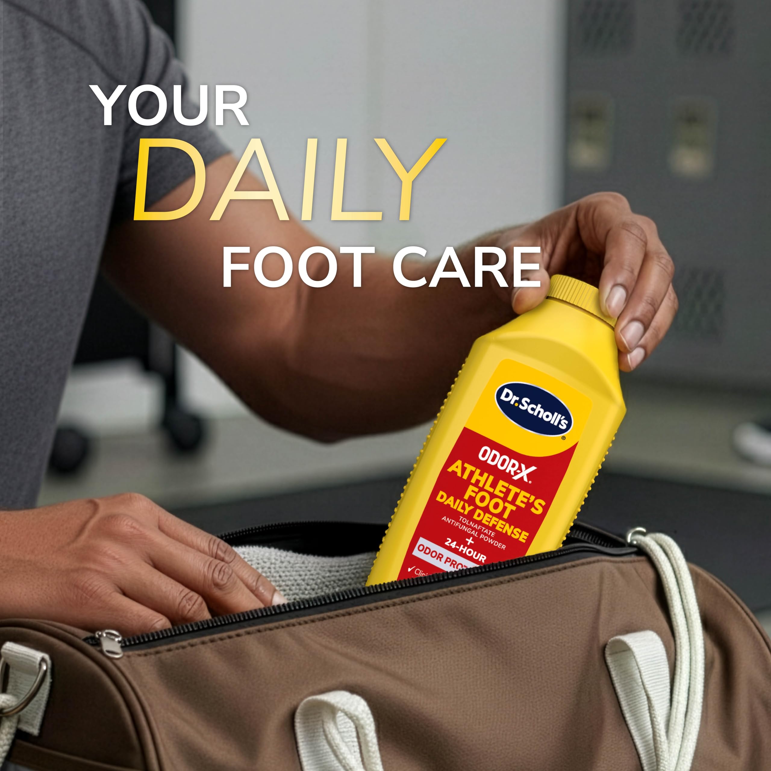 Athletic shoes nearby, Odor-X ready for daily routine.