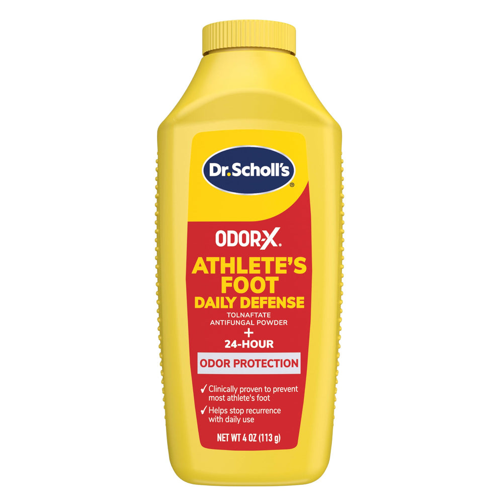 Dr. Scholl's Odor-X foot powder tin close-up for daily protection.