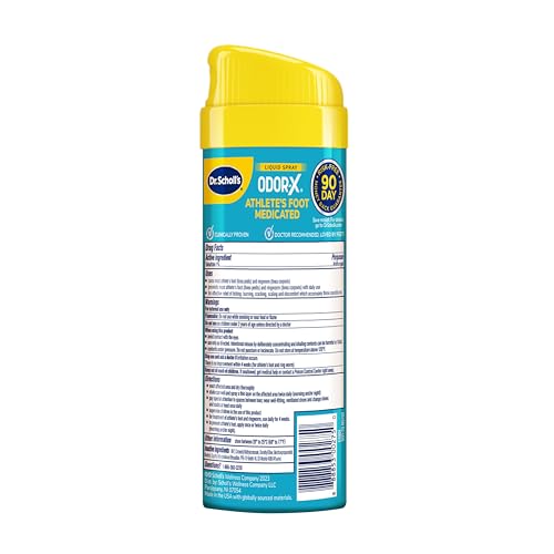 Person applying Dr. Scholl's Odor-X spray to foot before activity.