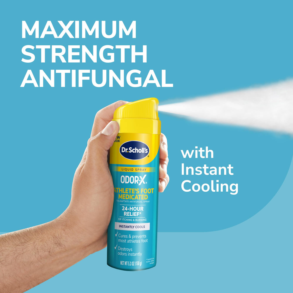 Lab-like backdrop highlighting Dr. Scholl's Odor-X foot care science.