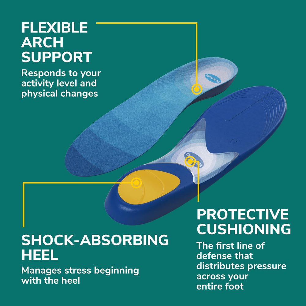 Dr. Scholl's Prevent Pain Insoles trimmed to fit men's 8–14 size range.