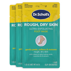 Dr. Scholl's foot peel mask packaging showing three pairs for home care.