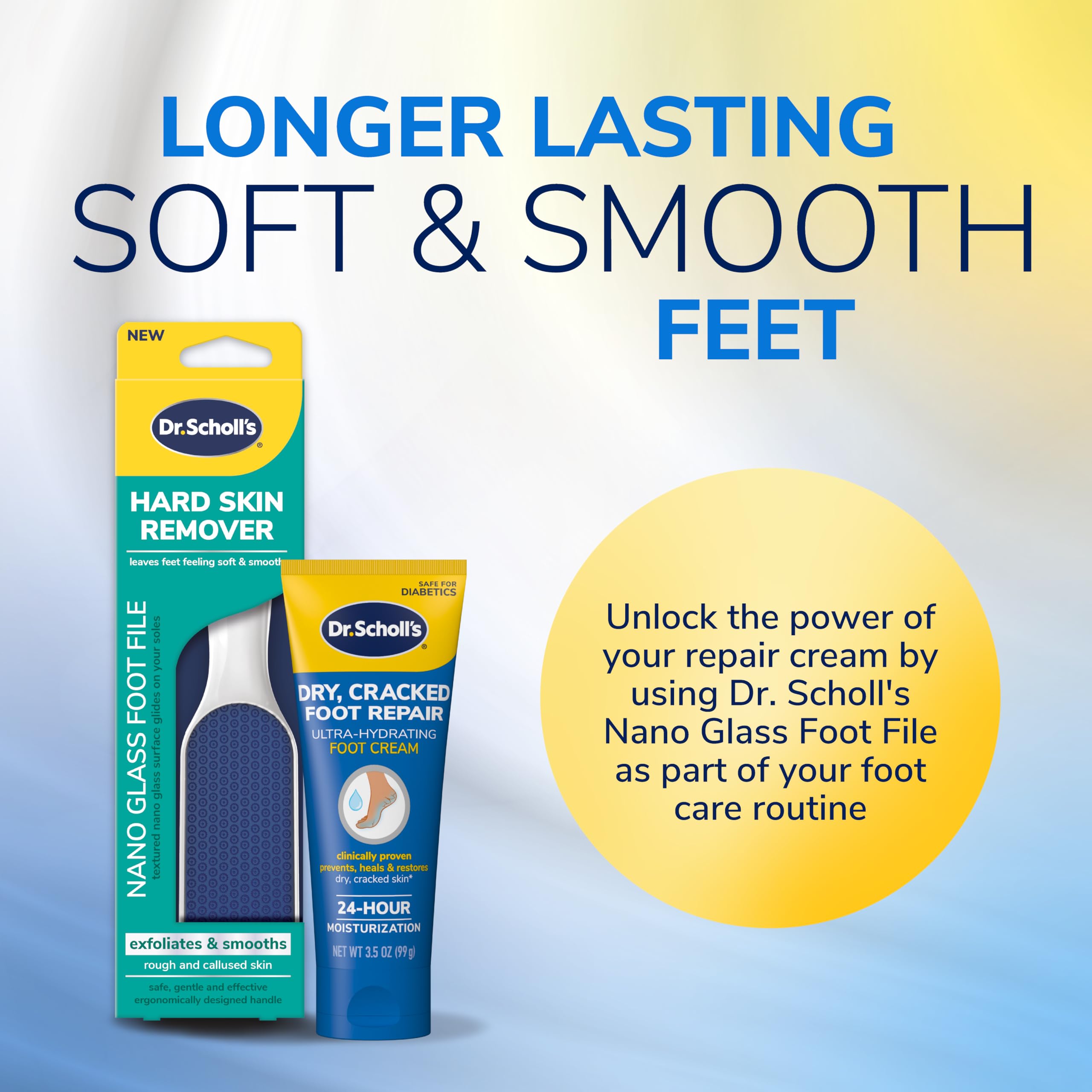 Dr. Scholl's foot cream repairs dry skin and softens texture.