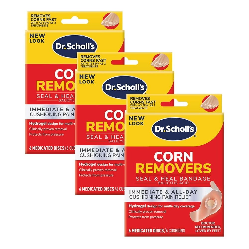 Dr. Scholl's Corn Removers Seal & Heal Bandage Pack showing quick corn relief and cushioning.