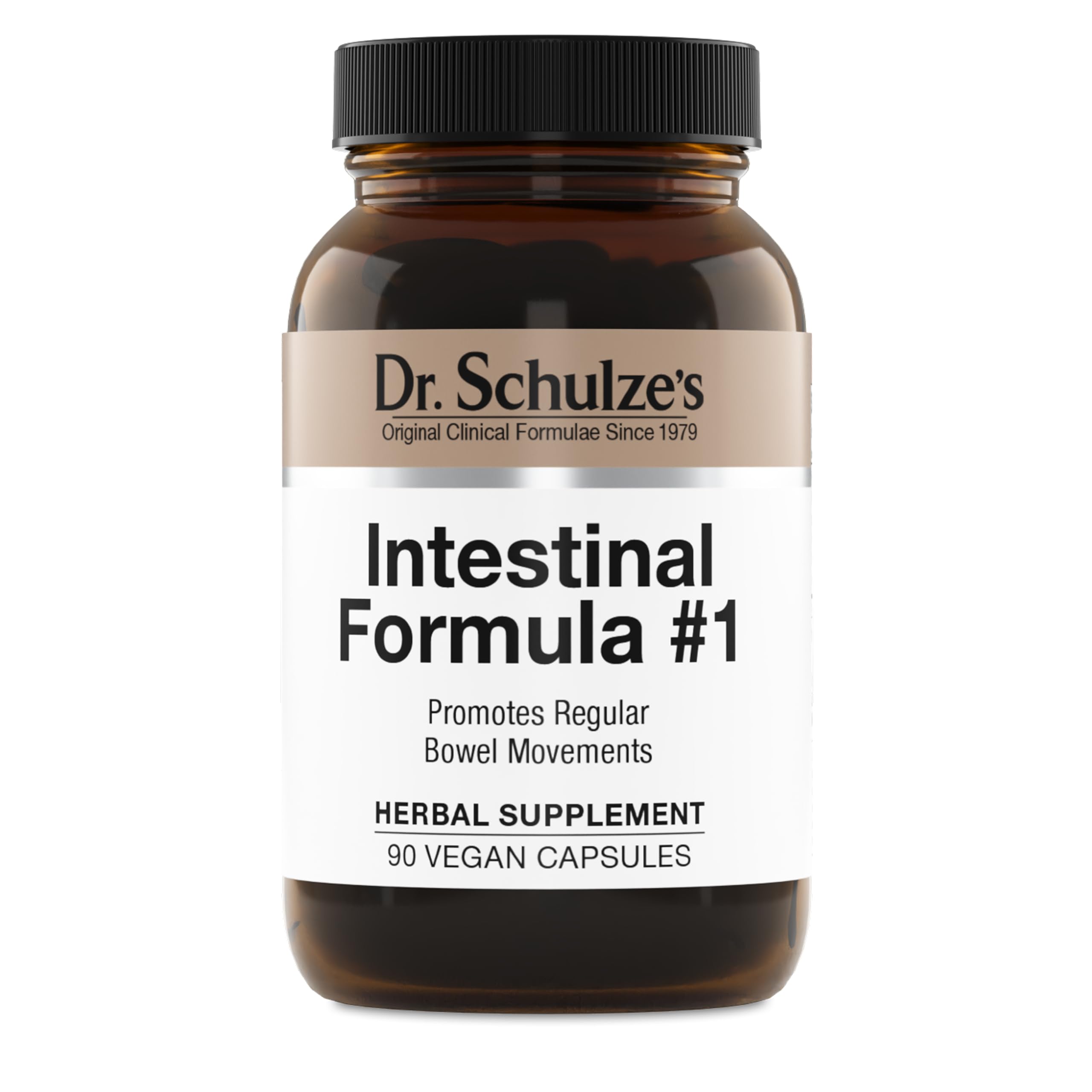 Dr. Schulze's Intestinal Formula #1 bottle shown on a table, plant-based digestion support.