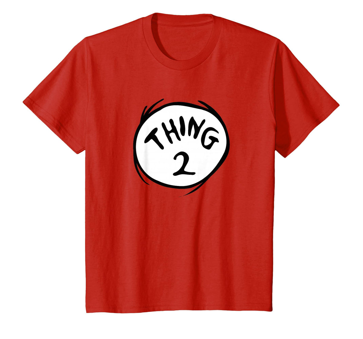 Dr. Seuss Thing 2 emblem youth t-shirt, front view, red badge design for school events.