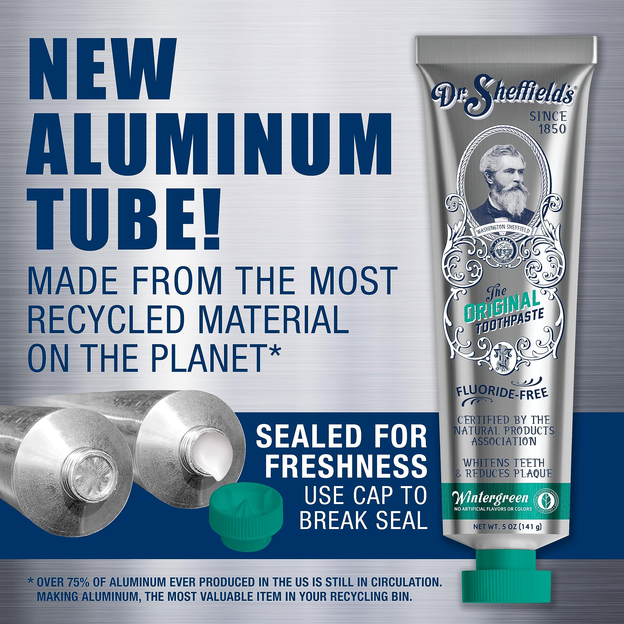 Dr. Sheffield’s natural toothpaste ingredients label highlights a certified natural formula.