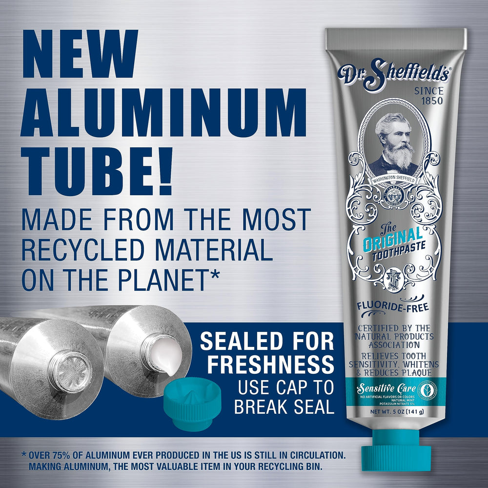 Dr. Sheffield's sensitive toothpaste tube on a toothbrush for everyday brushing.