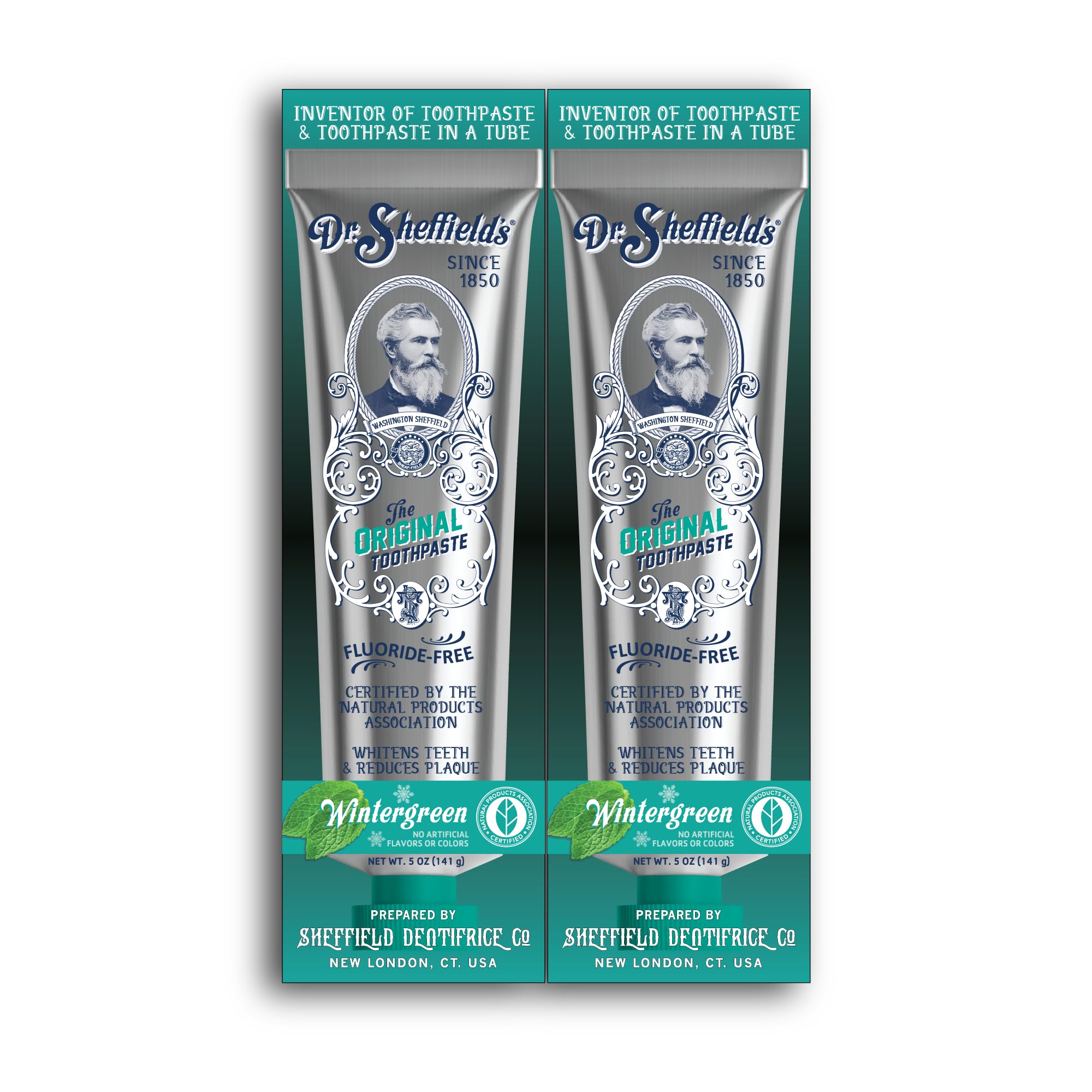 Dr. Sheffield’s Wintergreen toothpaste tube shows a natural, fluoride-free formula for fresh breath.