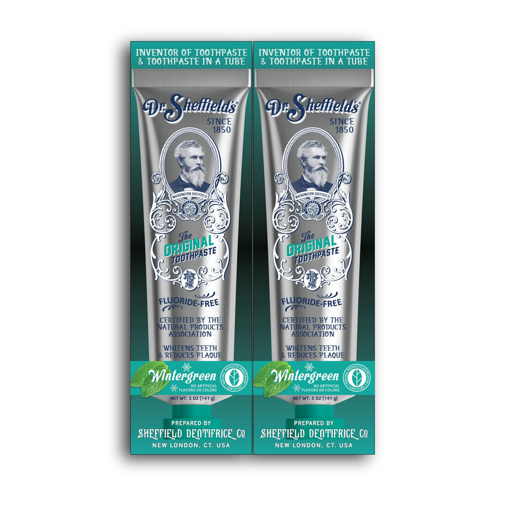 Dr. Sheffield’s Wintergreen toothpaste tube shows a natural, fluoride-free formula for fresh breath.