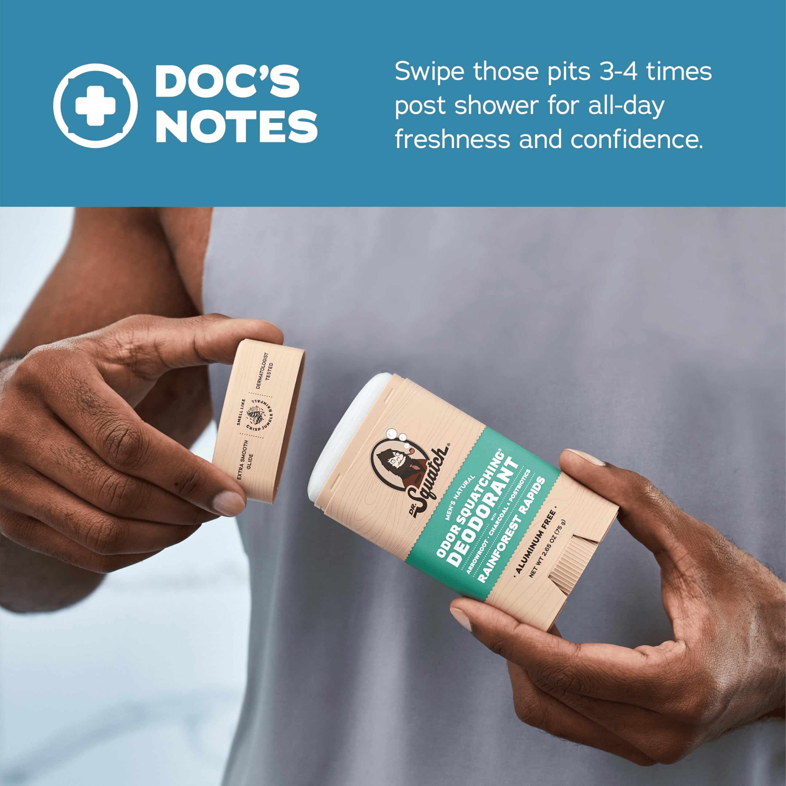 Dr. Squatch Arrowroot Powder deodorant helps keep you dry and comfortable.
