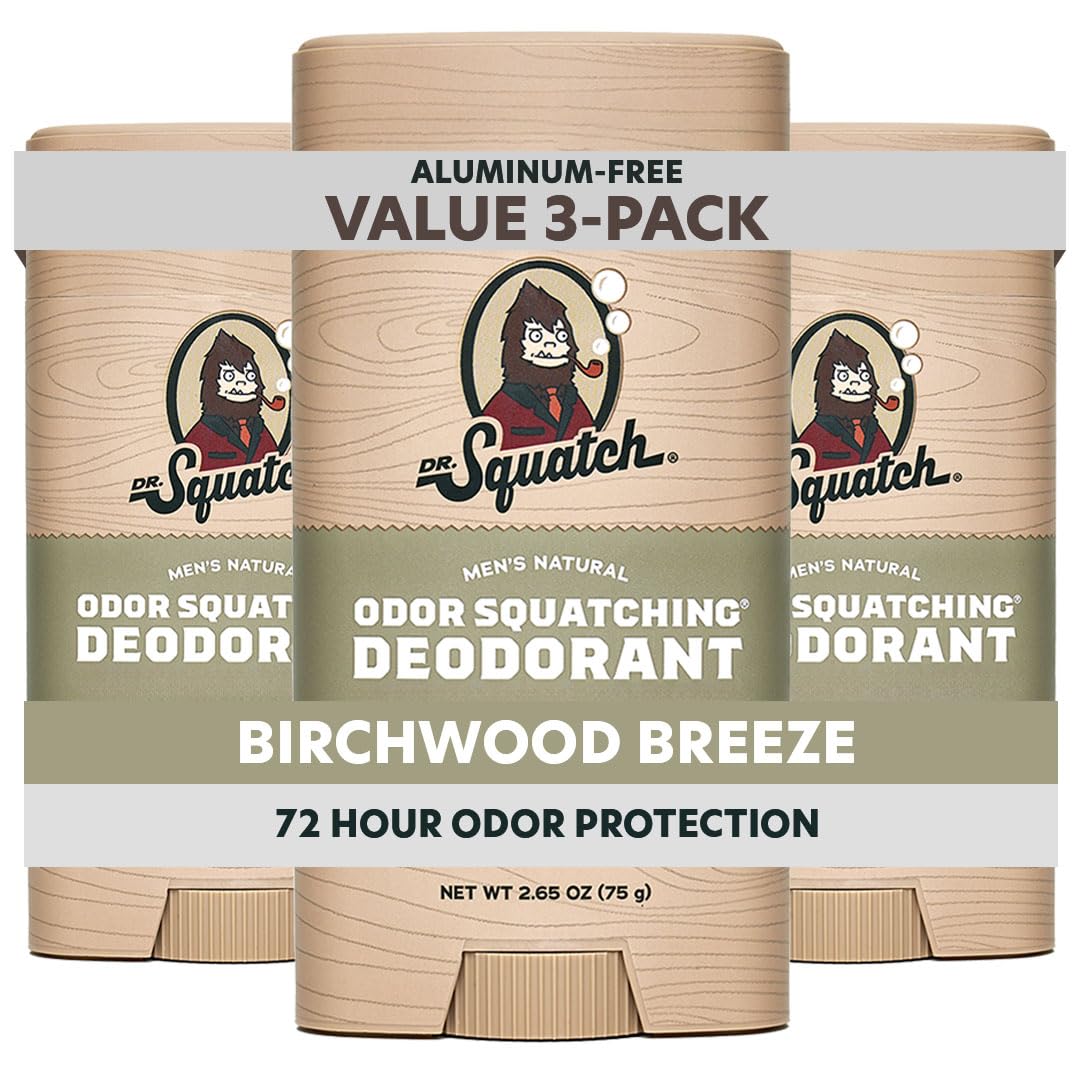 Dr. Squatch Birchwood Breeze packaging highlighting aluminum-free formula for all-day freshness.