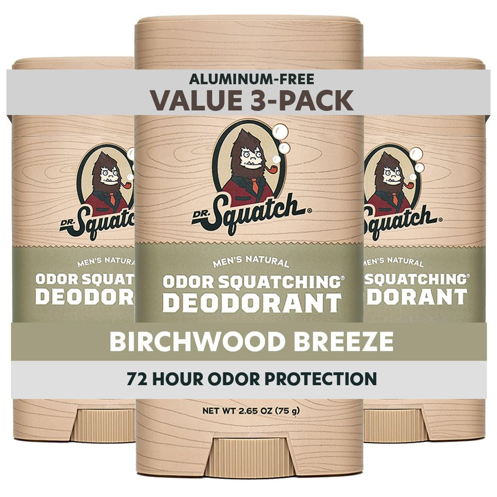 Dr. Squatch Birchwood Breeze packaging highlighting aluminum-free formula for all-day freshness.