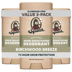 Dr. Squatch Birchwood Breeze packaging highlighting aluminum-free formula for all-day freshness.