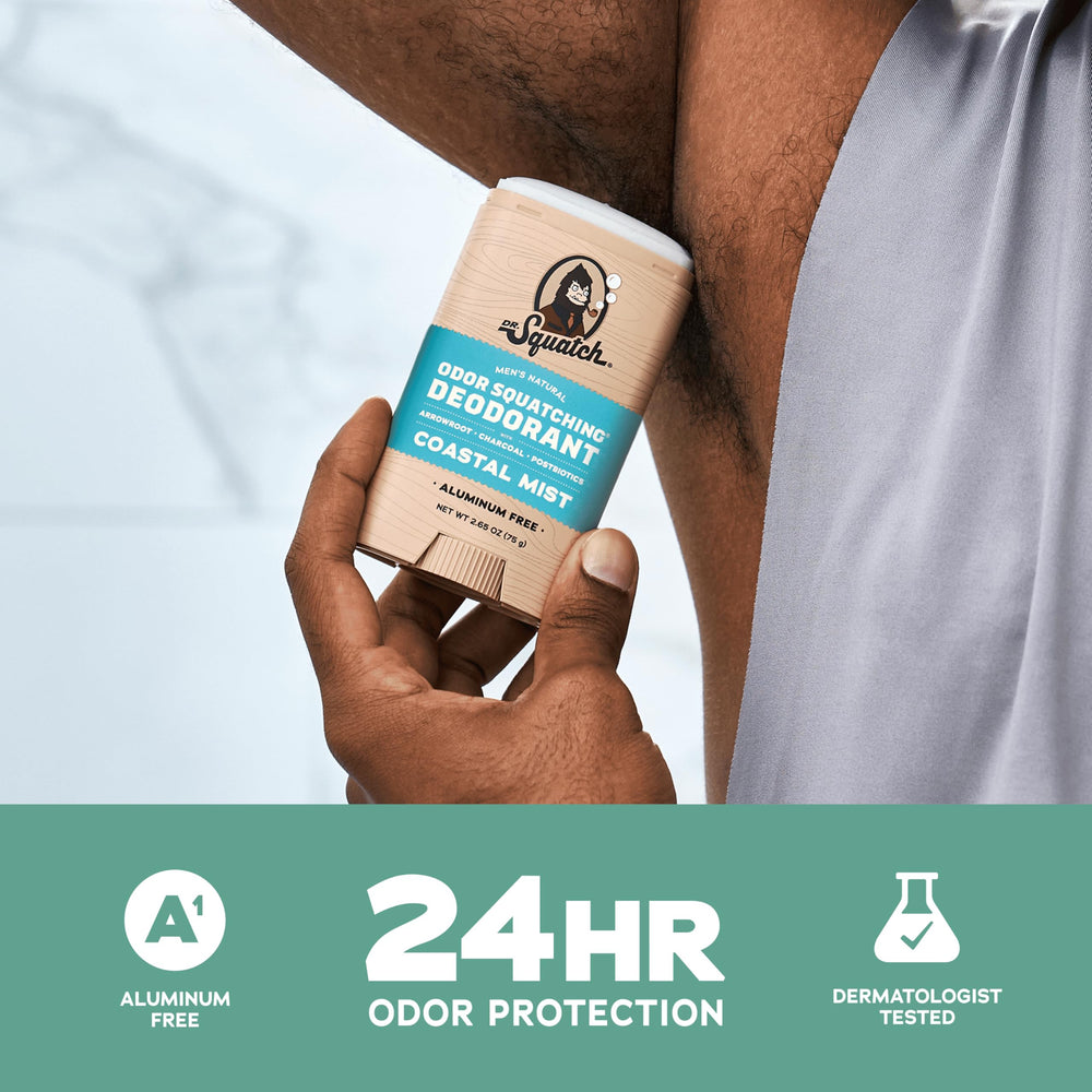 Dr. Squatch Charcoal Activation deodorant highlights charcoal benefits for odor control.