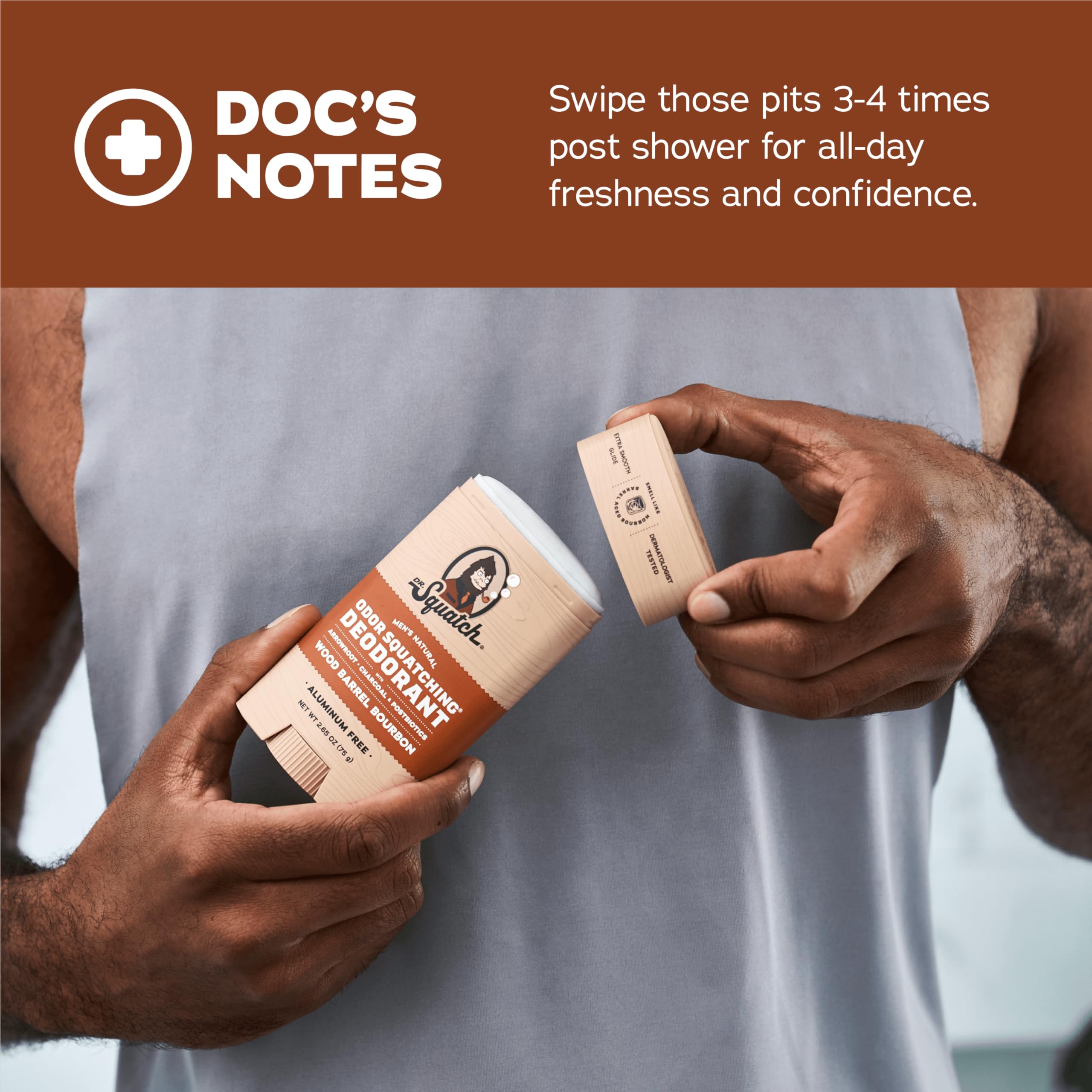 Dr. Squatch deodorant featuring charcoal and postbiotics for odor control