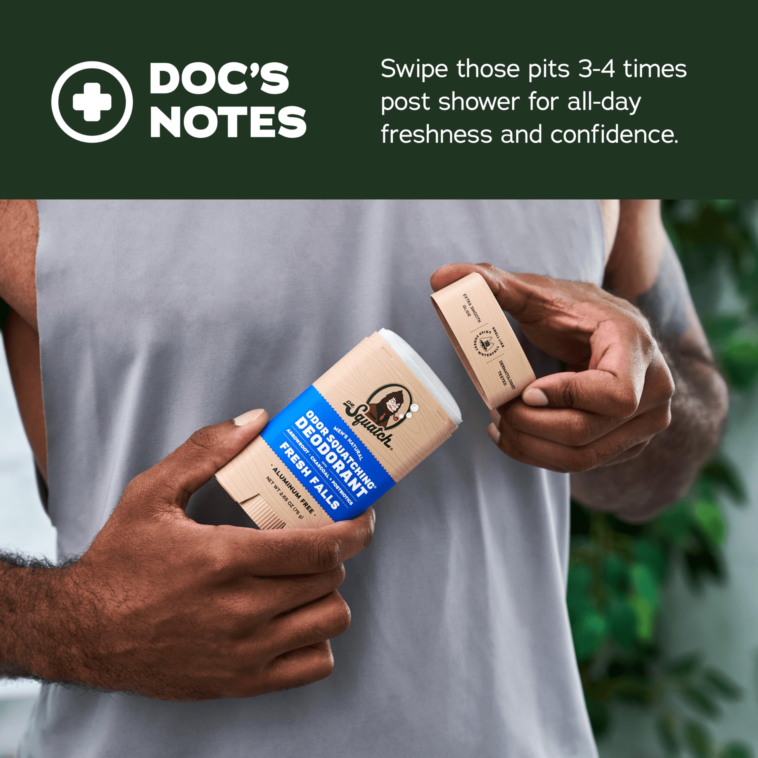 Dr. Squatch charcoal and postbiotics deodorant ingredients close-up.