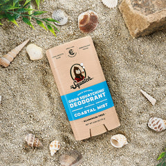 Dr. Squatch Coastal Mist deodorant stick close-up highlighting natural ingredients and smooth application.