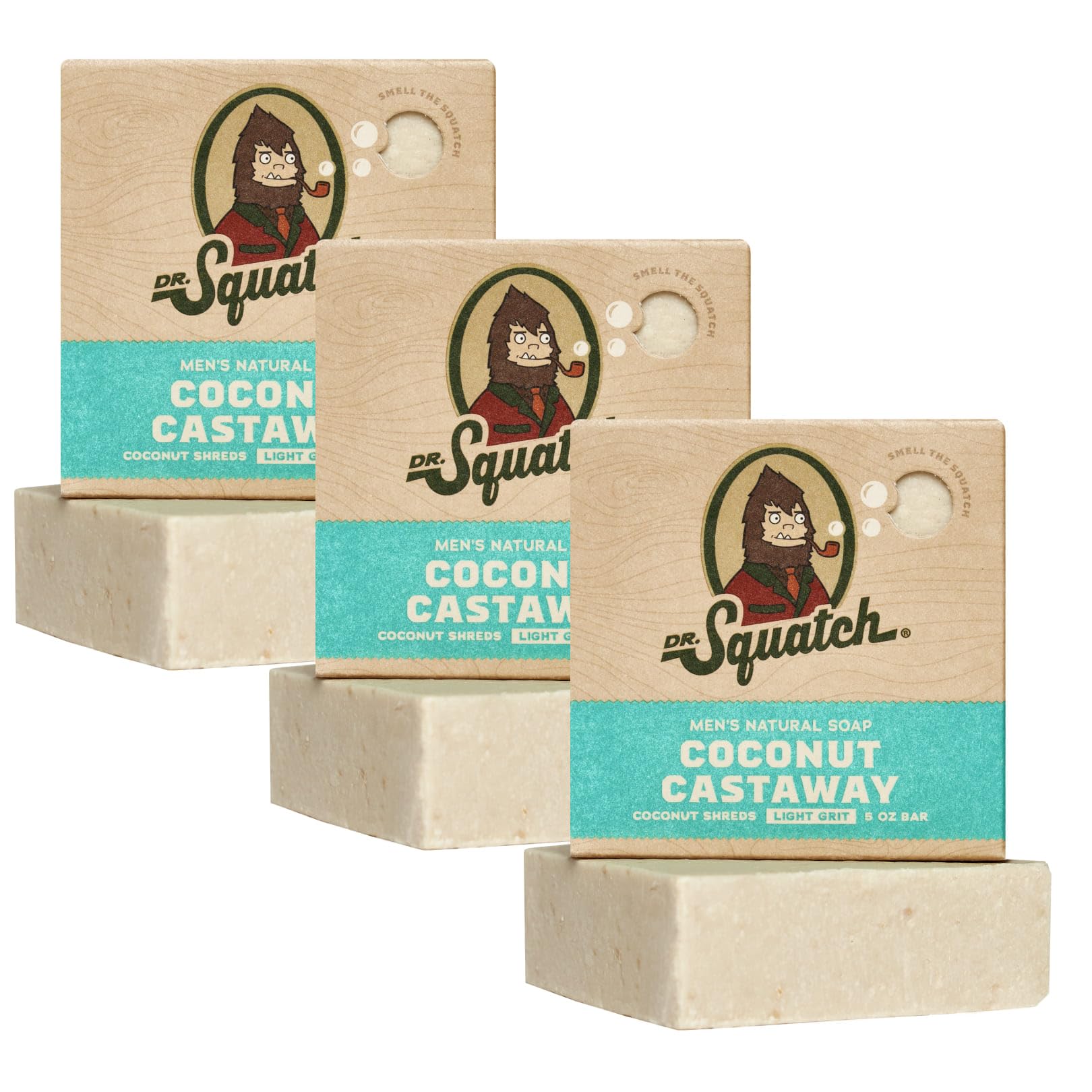 Dr. Squatch Coconut Castaway bar front view highlighting natural oils for a refreshing cleanse.