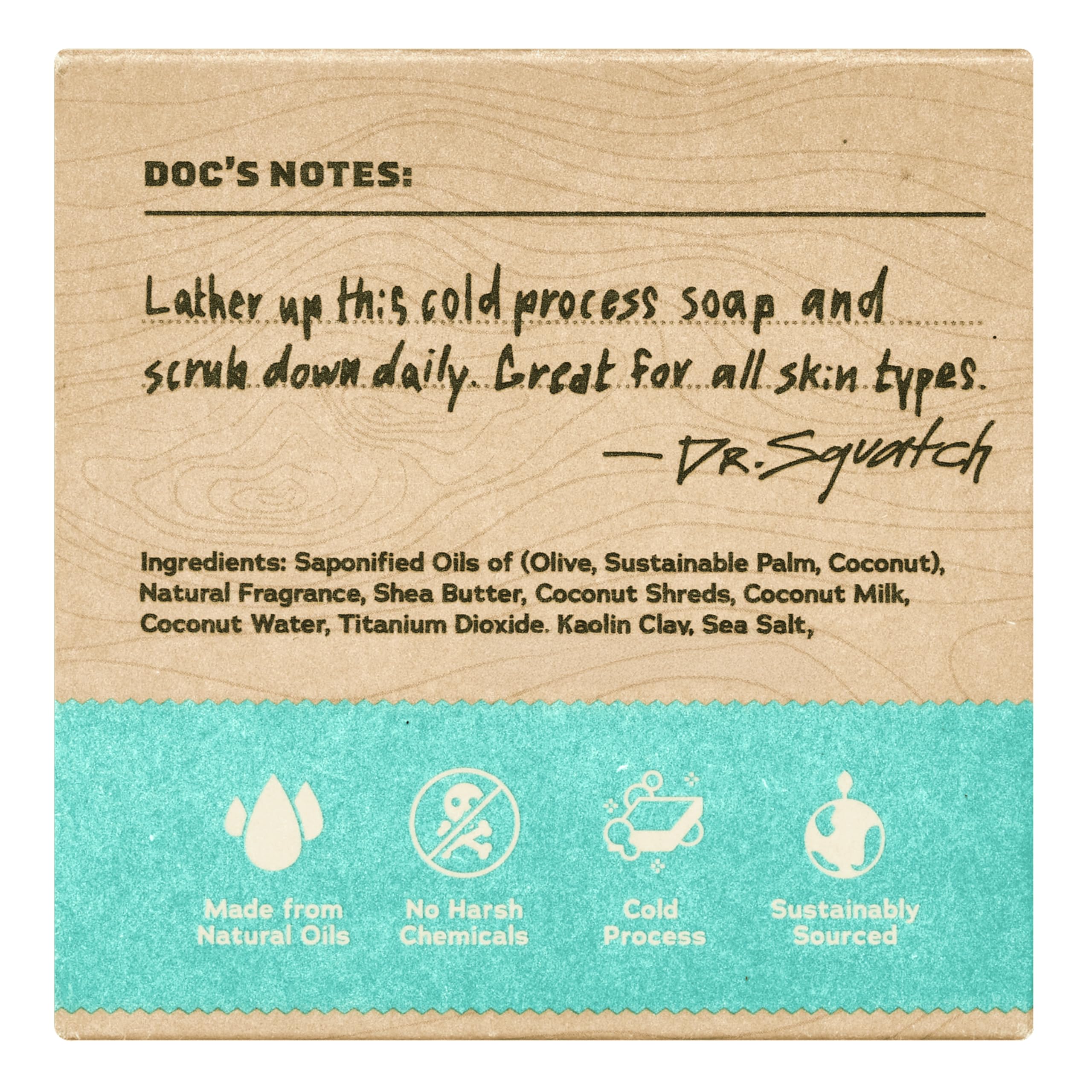 Dr. Squatch Coconut Castaway bar lather close-up showing creamy texture and cleansing action.