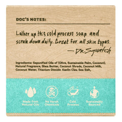 Dr. Squatch Coconut Castaway bar lather close-up showing creamy texture and cleansing action.