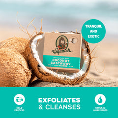 Dr. Squatch Coconut Castaway bar emphasizes natural oils and nourishing ingredients.