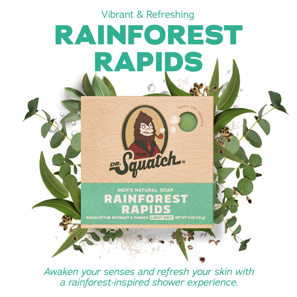 Dr. Squatch Coconut Castaway bar soap on shower shelf with tropical aroma.